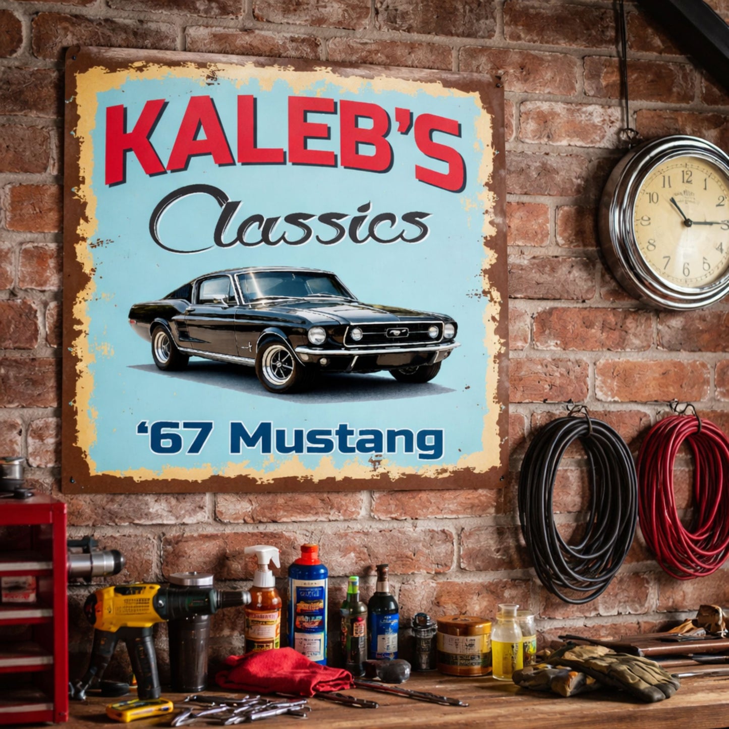 Personalized vintage car wall sign displayed on a brick garage wall above a workbench