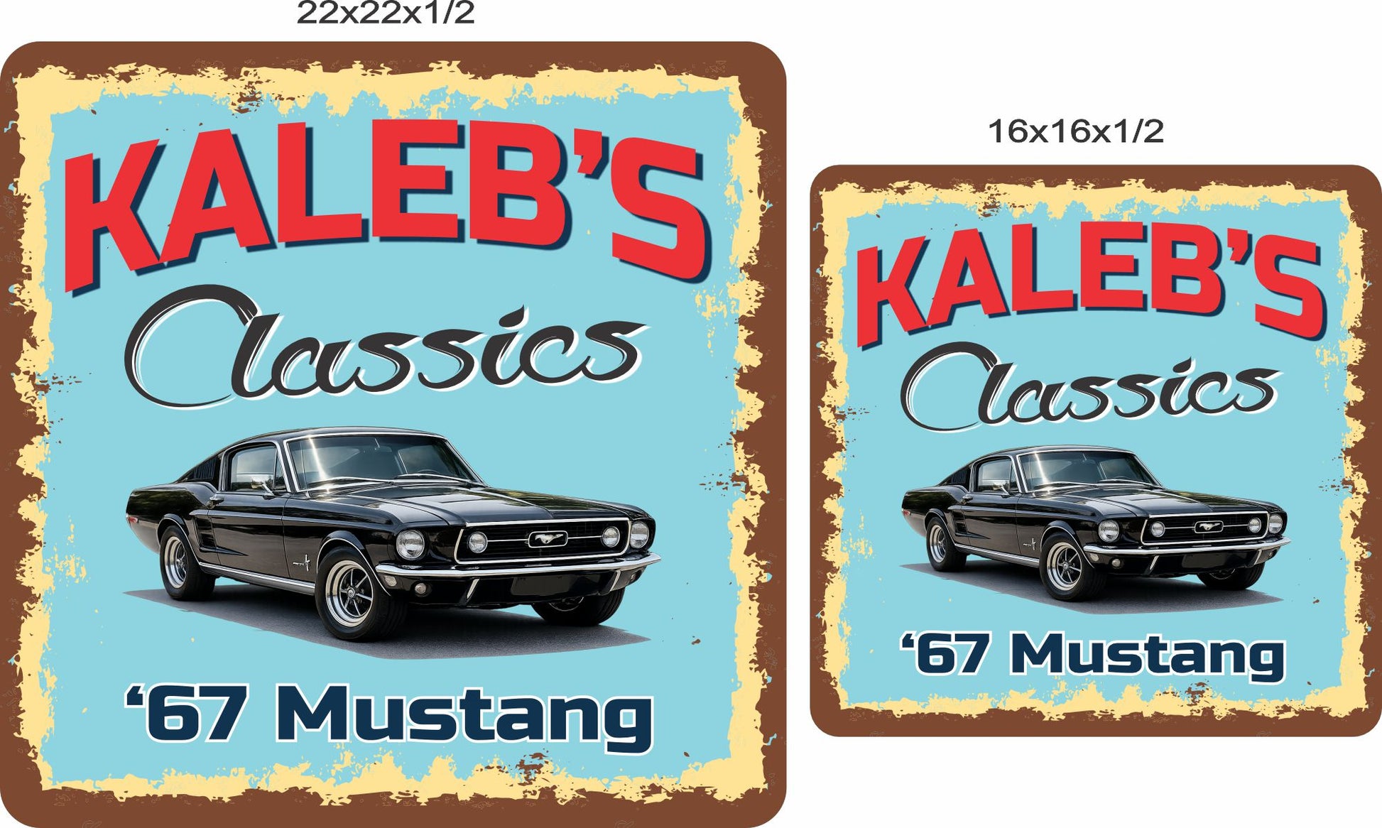 Personalized classic car sign shown in two square sizes for garage or workshop display