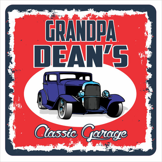 Personalized classic garage sign with vintage style design and customizable text and car color