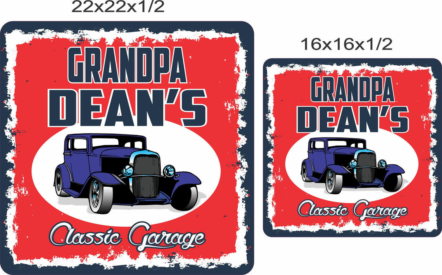 Personalized classic garage sign shown in two square sizes for garage display