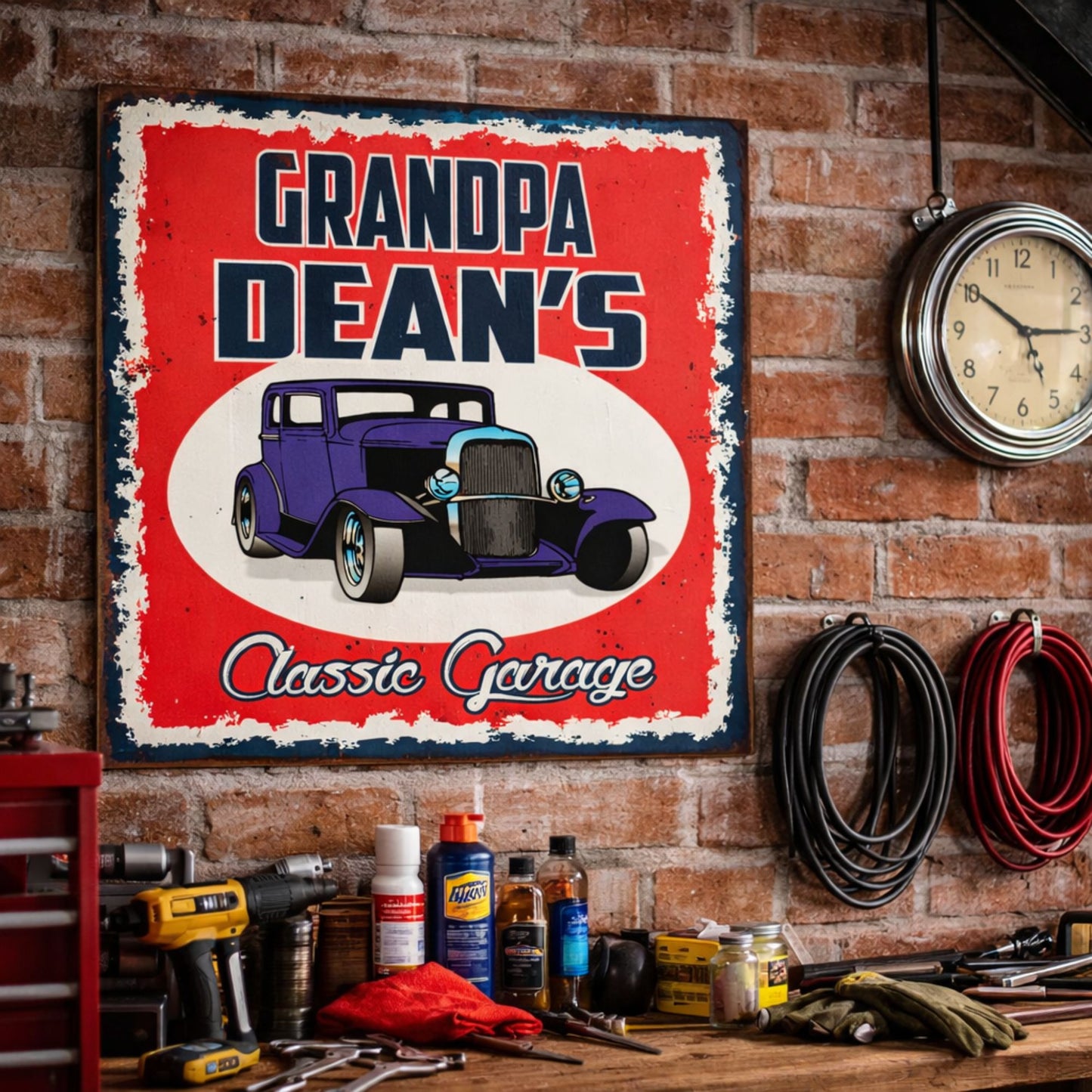 Personalized vintage garage sign displayed on a brick wall above a workbench