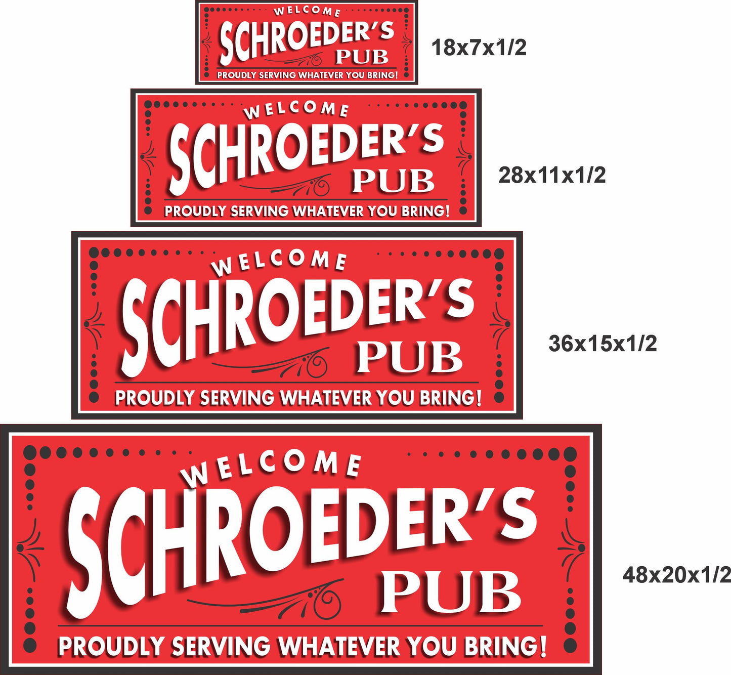 Pub sign shown in 18x7, 28x11, 36x15, and 48x20 size options