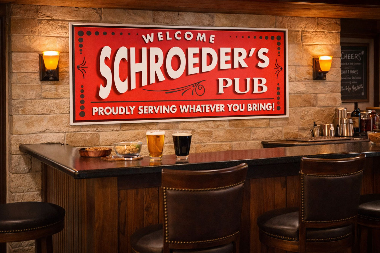 Custom pub sign displayed above a bar counter in a cozy home bar setting