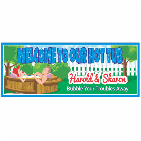 Personalized hot tub sign with cartoon couple relaxing in a spa and custom names