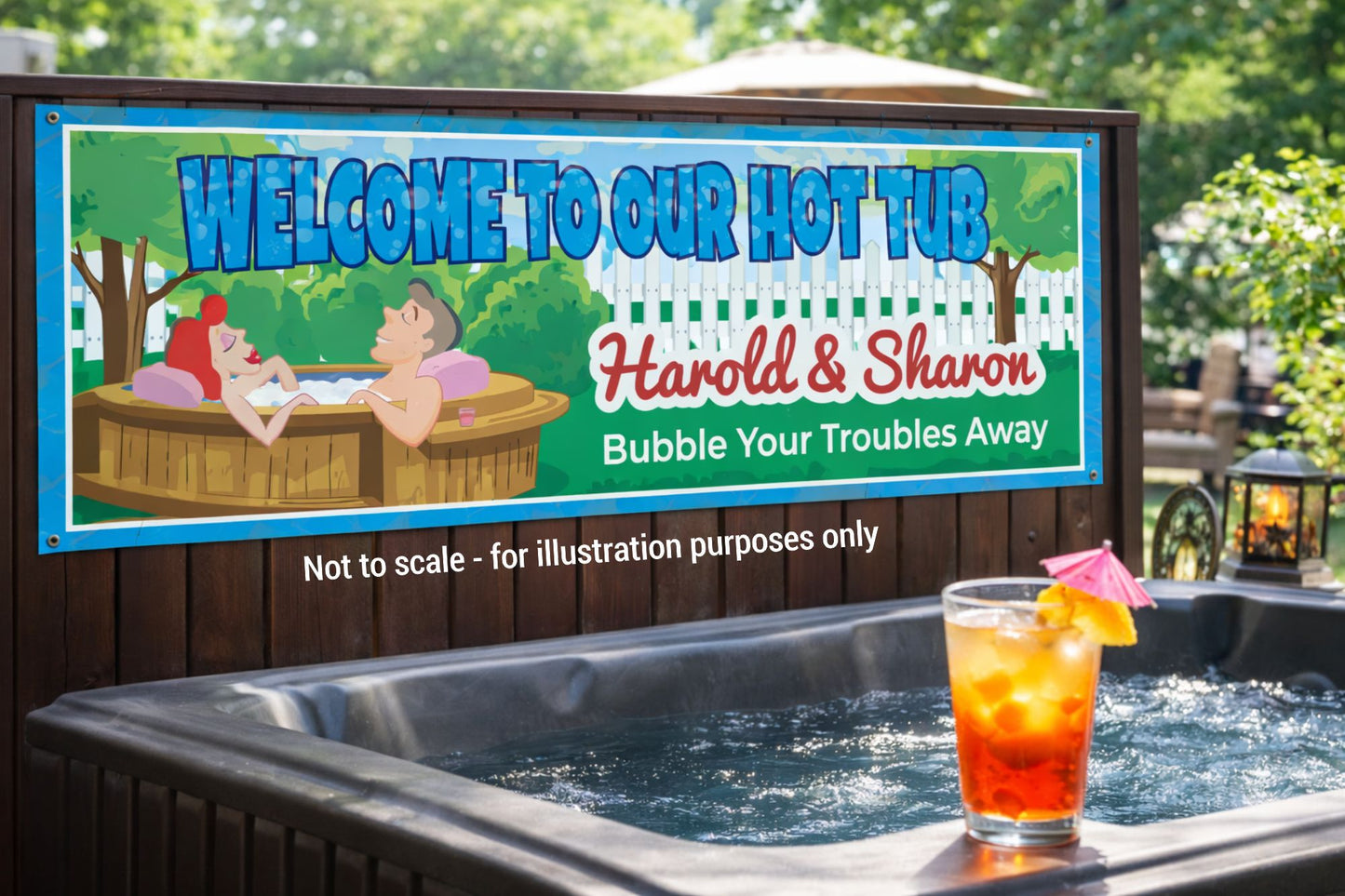 Custom hot tub sign displayed next to an outdoor spa with drinks