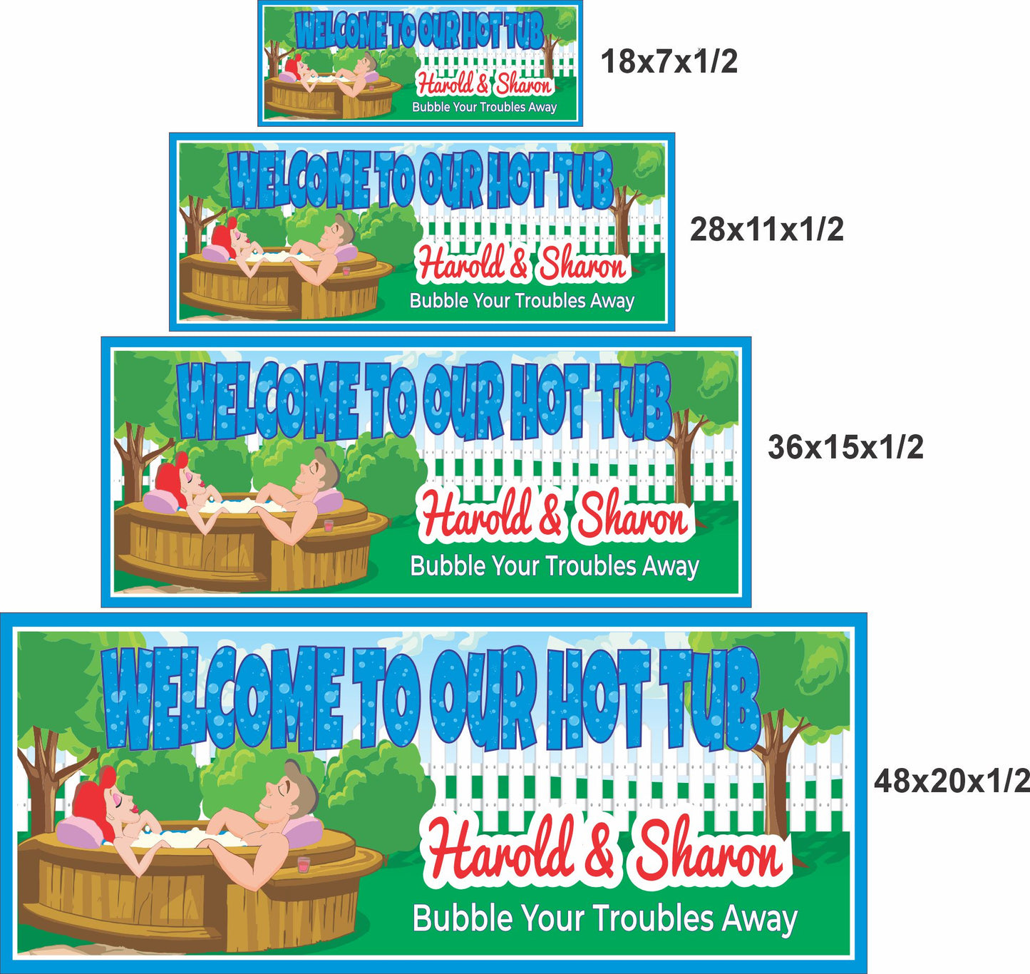 Personalized hot tub wall sign shown in four available size options