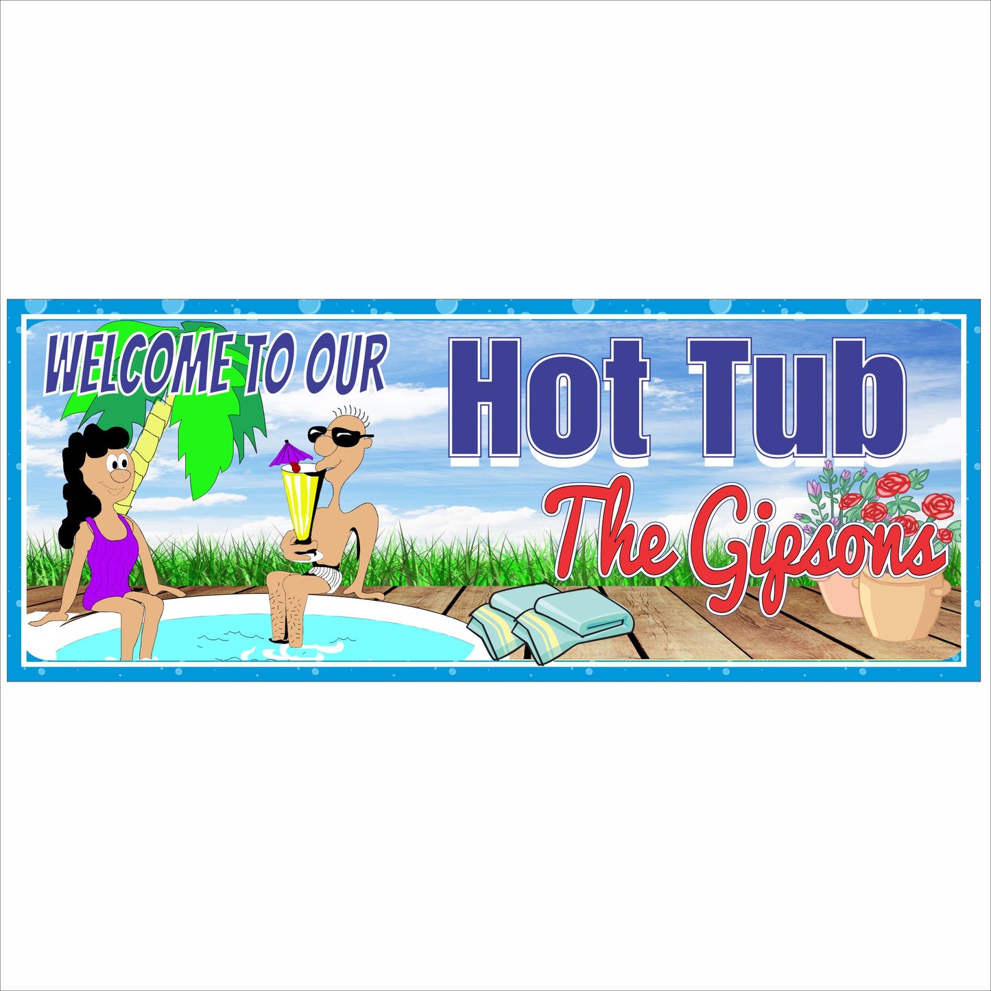 Personalized hot tub sign with cartoon couple and custom family name