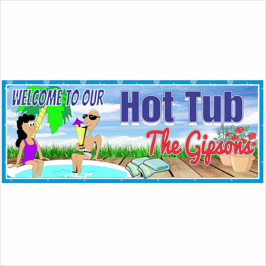 Personalized hot tub sign with cartoon couple and custom family name