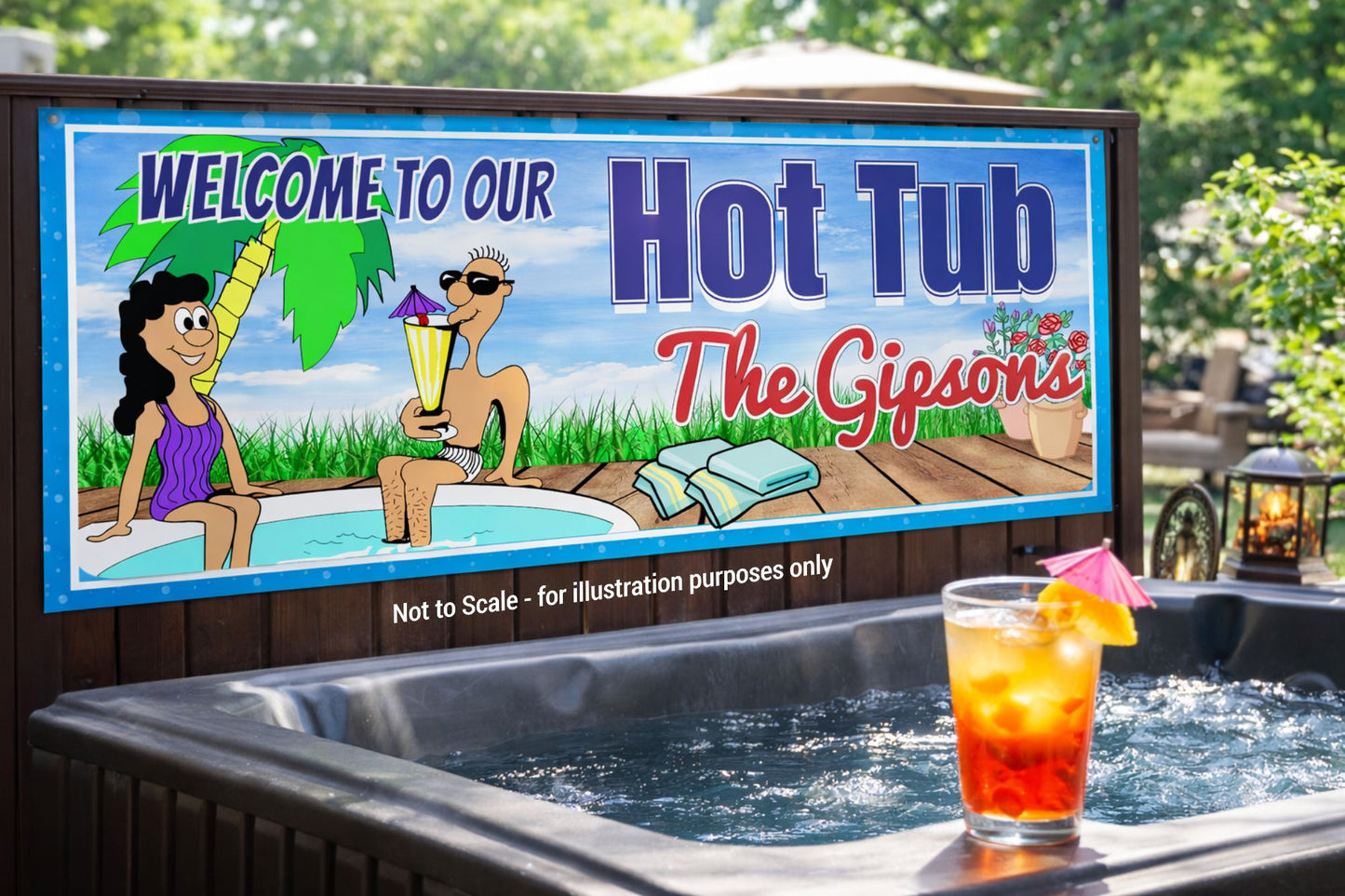 Custom hot tub sign displayed next to an outdoor spa