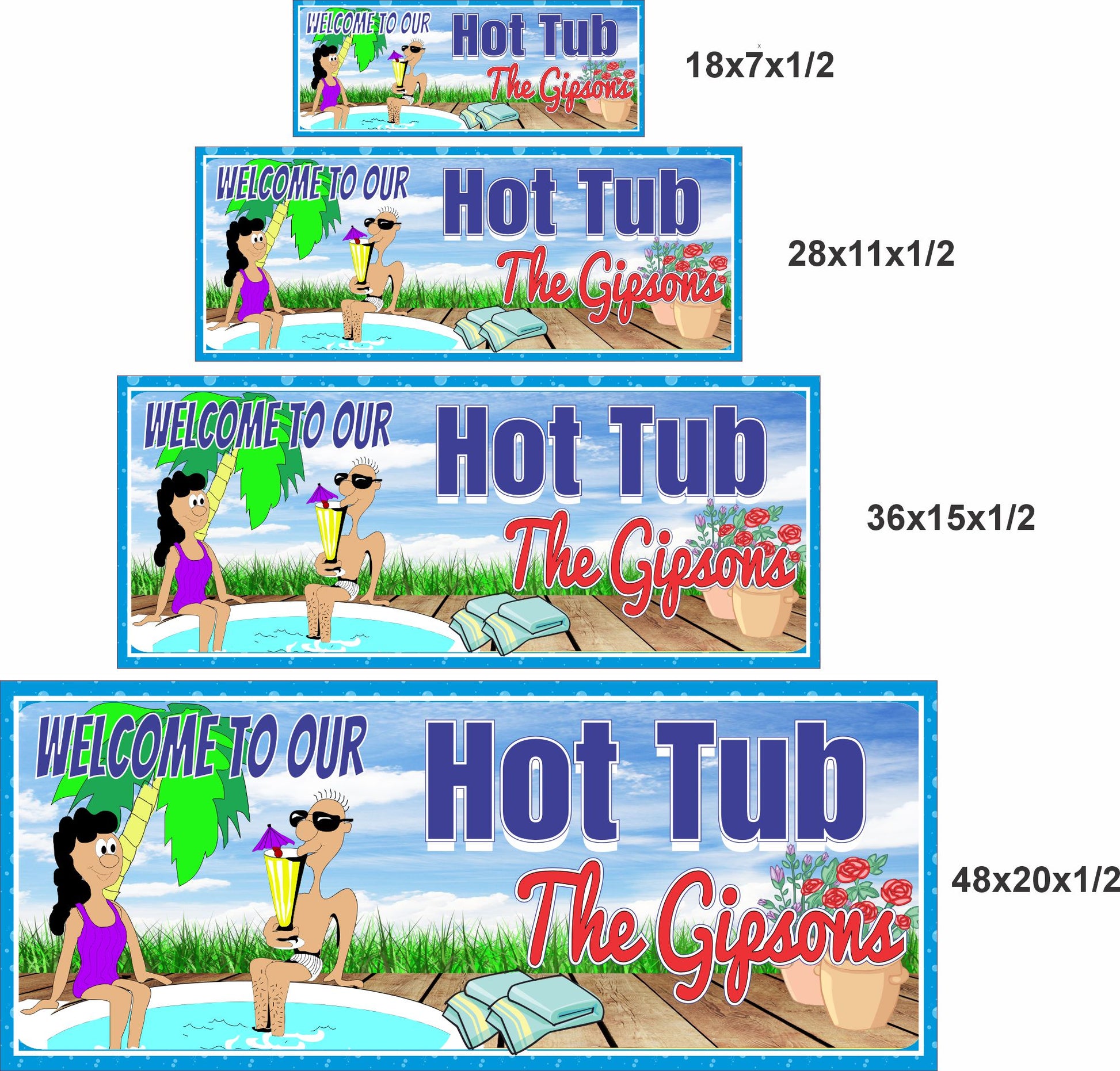 Personalized hot tub wall sign shown in four available size options