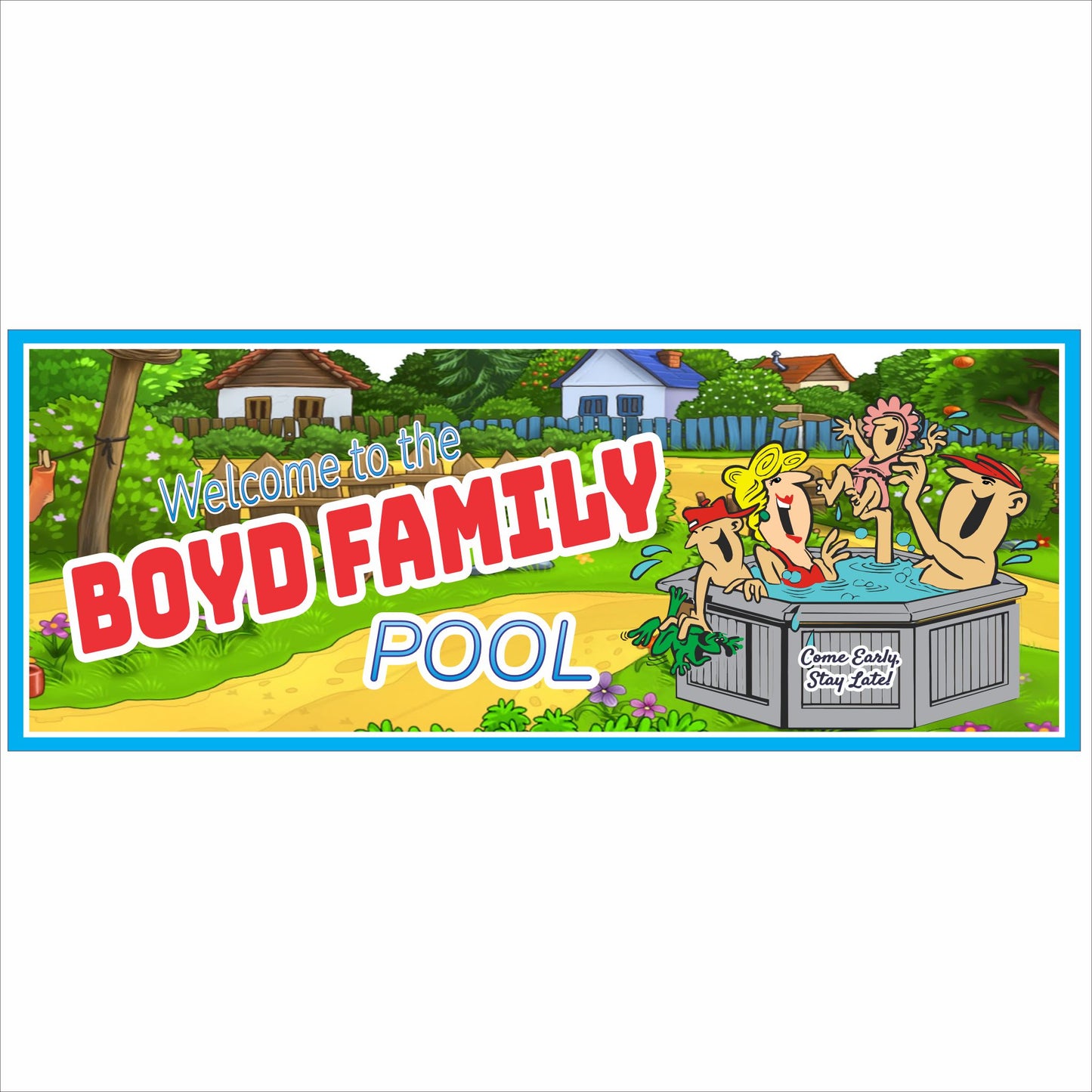 Personalized Family Pool sign with cartoon swimmers, backyard scene, and custom family name on white background