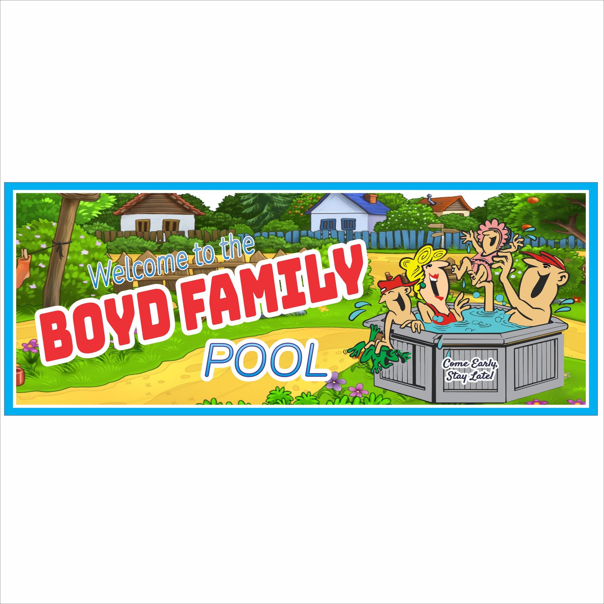 Personalized Family Pool sign with cartoon swimmers, backyard scene, and custom family name on white background