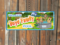 Personalized Swimming Pool Sign Featuring Cartoon Family Having Fun with Custom Name and Blue Bubble Border