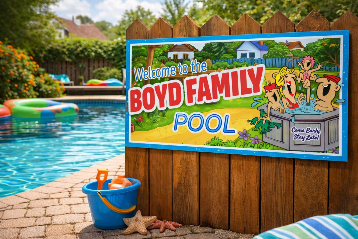 Family Pool sign mounted on a backyard fence beside a swimming pool with lounge chairs and summer decor