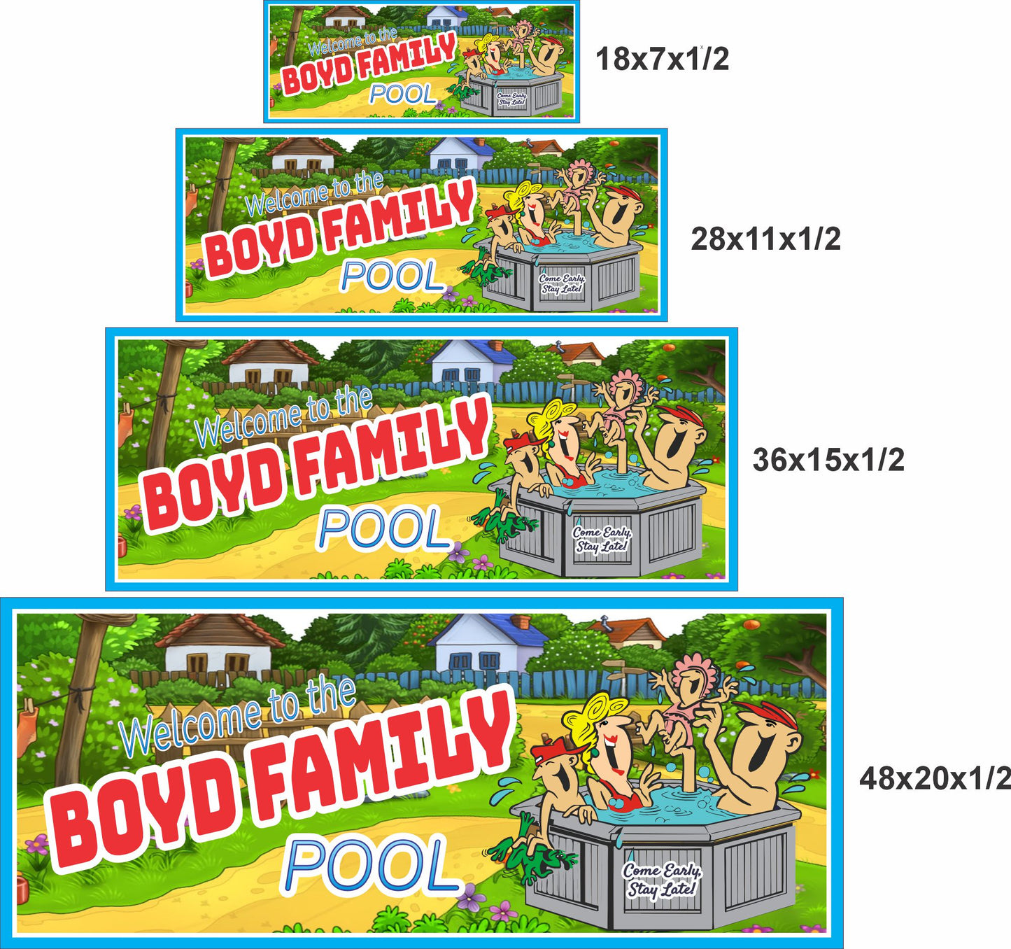 Family Pool sign size comparison showing 18x7, 28x11, 36x15, and 48x20 inch options