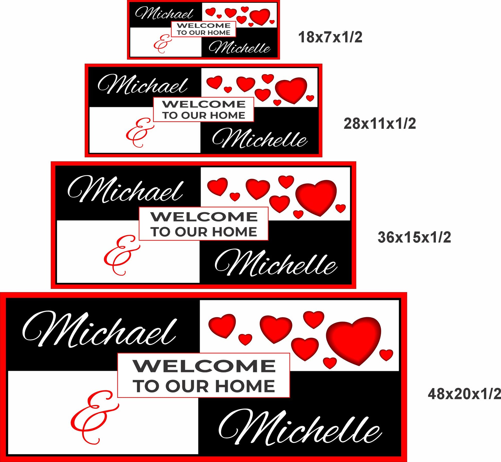 Welcome to Our Home sign size comparison showing 18x7, 28x11, 36x15, and 48x20 inch options