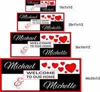 Welcome to Our Home sign size comparison showing 18x7, 28x11, 36x15, and 48x20 inch options