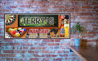 Personalized Sports Bar Man Cave Sign with Dart Board, Big Screen TV, Beer, Xbox Controller, and Billiard Balls"