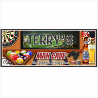 personalized man cave sign with sports icons, darts, pool balls, beer and gaming controller, custom name in the center