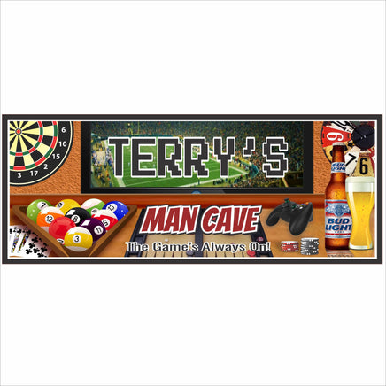 personalized man cave sign with sports icons, darts, pool balls, beer and gaming controller, custom name in the center