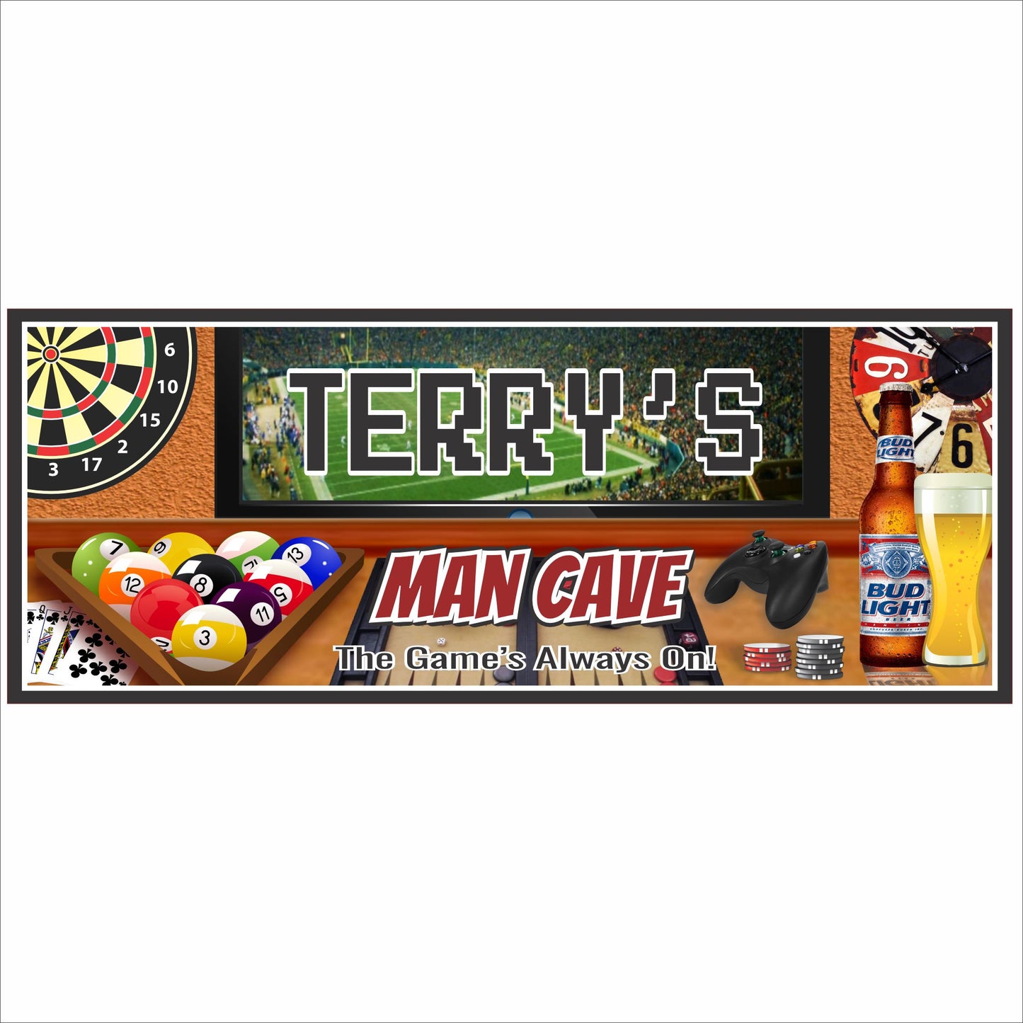 Close-up of personalized man cave sign with sports bar design, billiard balls, dartboard, beer bottle, and gaming graphics