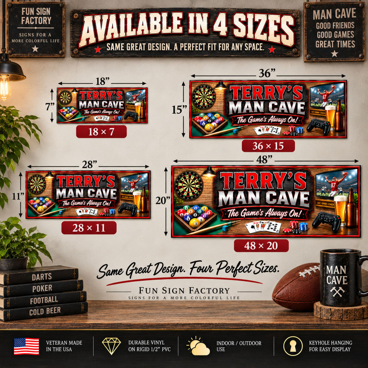 Custom man cave sign available in four sizes from 18×7 to 48×20.