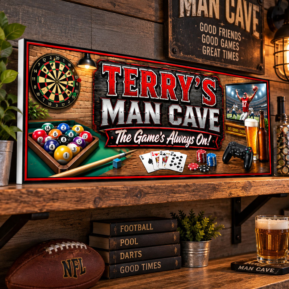 Personalized man cave sign displayed on rustic wood game room wall.