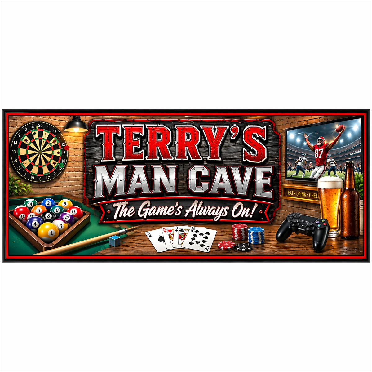 Custom man cave sign with billiards, darts, sports and gaming graphics