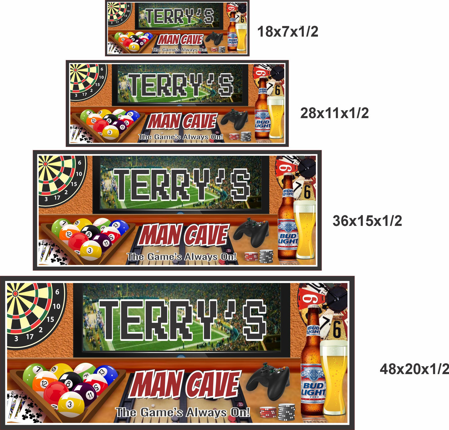 4 sizes comparison image showing man cave sign in 18x7, 28x11, 36x15, and 48x20 inch options