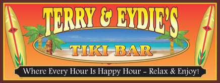 Personalized Tiki Bar Sign Featuring Classic Surfboards, Palm Trees, and Pink Tropical Flowers - Custom Hawaiian Themed Wall Art