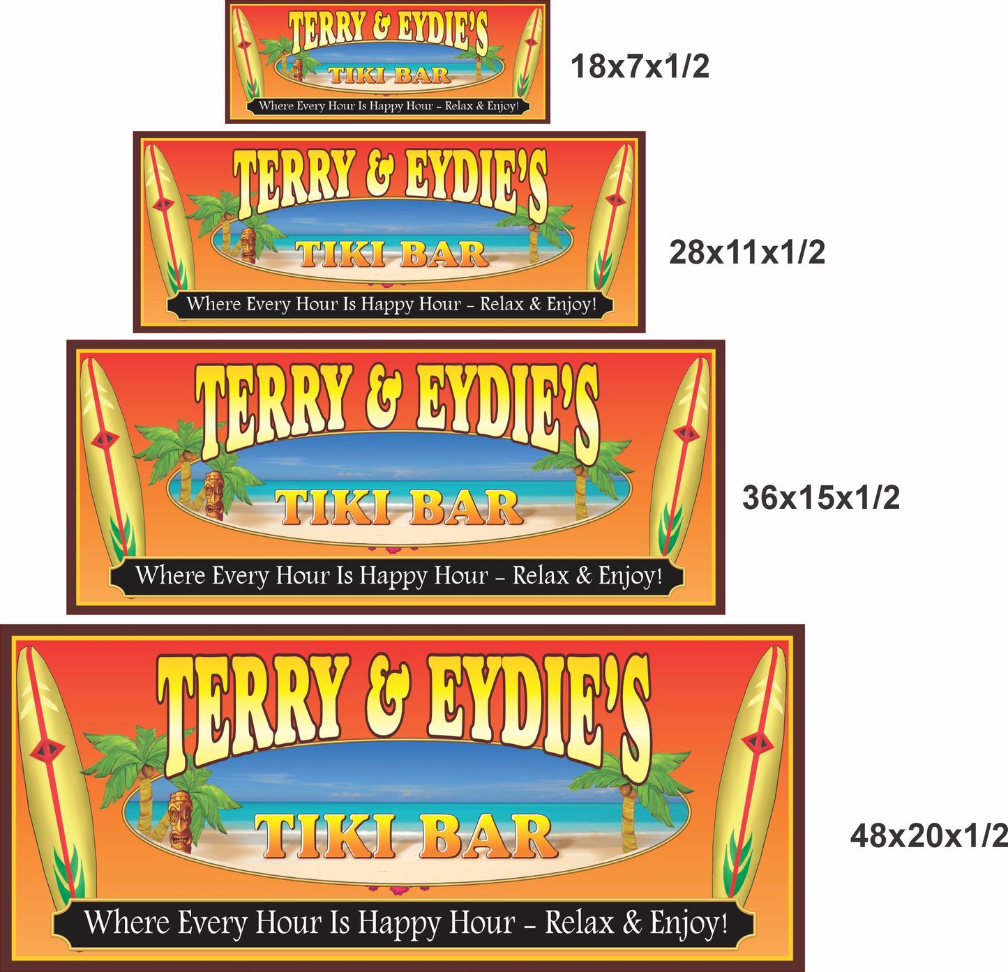 Tiki bar sign shown in 18x7, 28x11, 36x15, and 48x20 size options