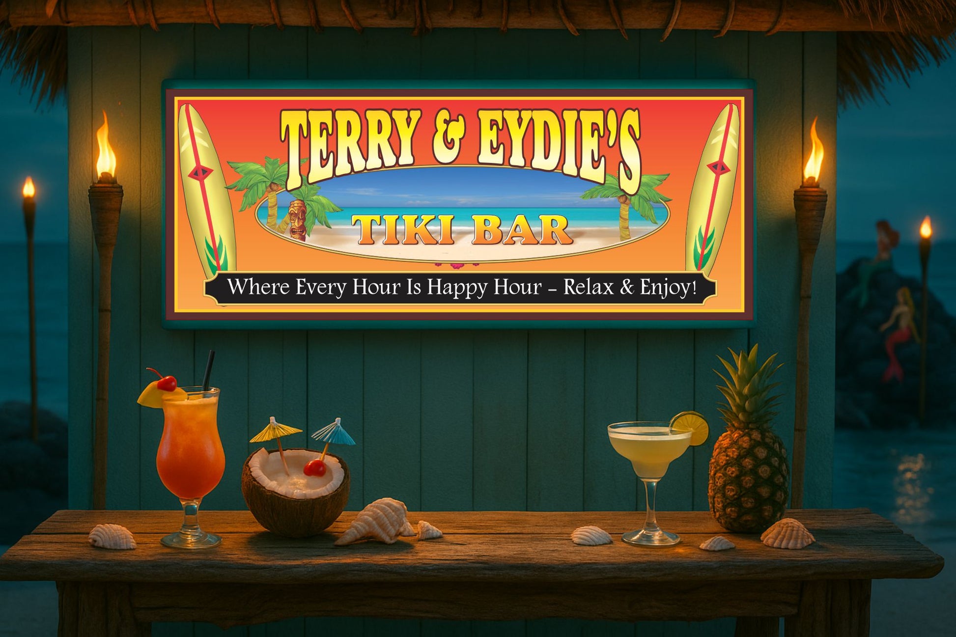Custom tiki bar sign displayed above a tropical bar setup with cocktails and island decor