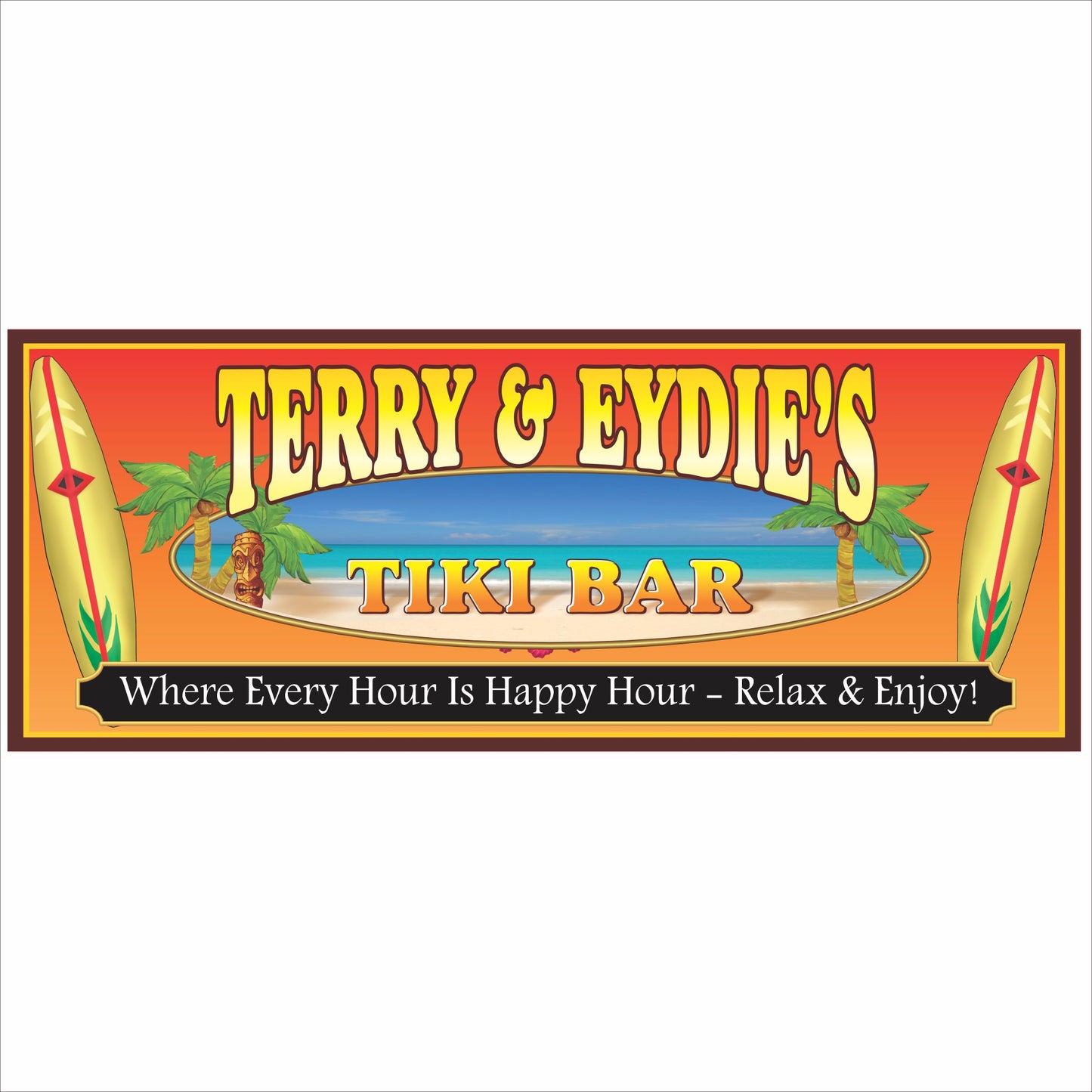 Personalized tiki bar sign with tropical colors, surfboards, and island-themed lettering
