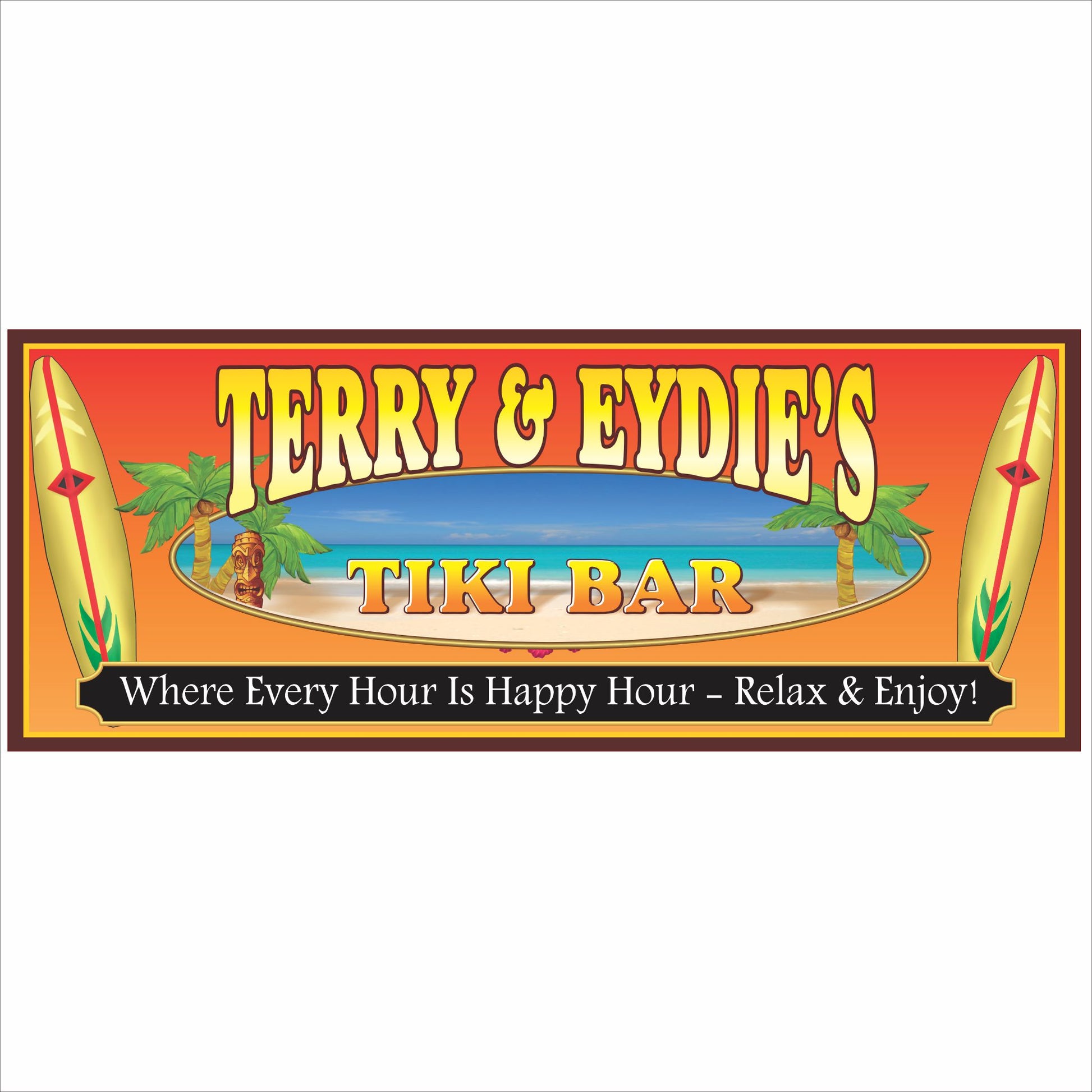 Personalized tiki bar sign with tropical colors, surfboards, and island-themed lettering