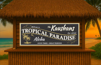 Retro Aloha Personalized Welcome Sign - Black & Gold Palm Tree Silhouette