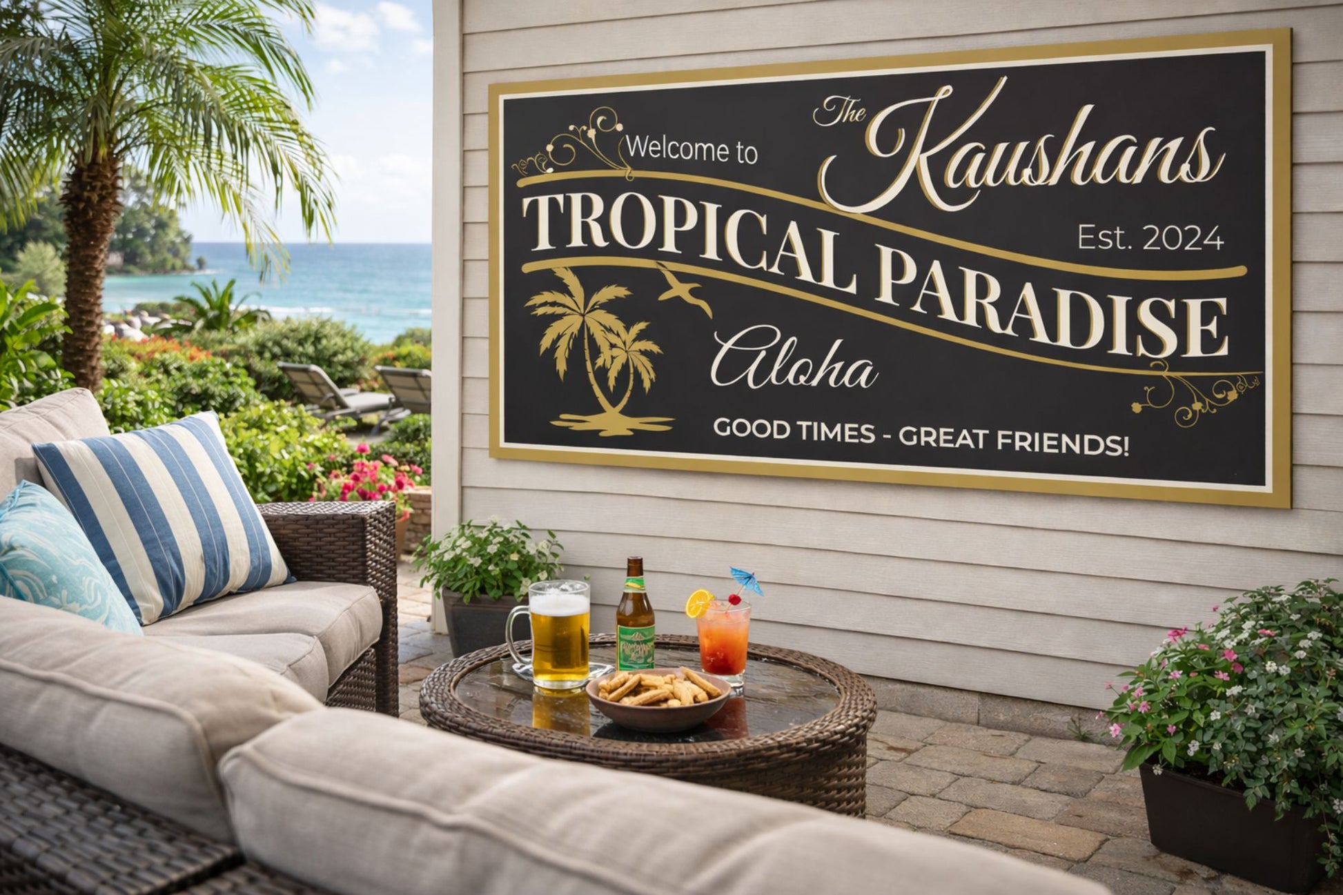 Tropical Paradise sign displayed on a wall in a stylish outdoor lounge with palm trees and ocean view
