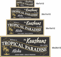 Retro Aloha Personalized Welcome Sign - Black & Gold Palm Tree Silhouette