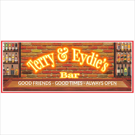 Personalized home bar sign with glowing lettering on a brick wall background and customizable bar name