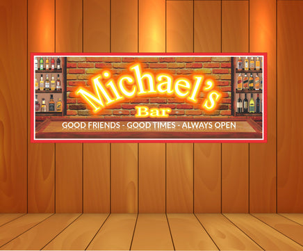 Personalized Bar Sign with Faux Neon Lights Lettering, Red Brick Wall Background, and Liquor Bottle Shelves
