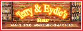 Personalized Bar Sign with Faux Neon Lights Lettering, Red Brick Wall Background, and Liquor Bottle Shelves