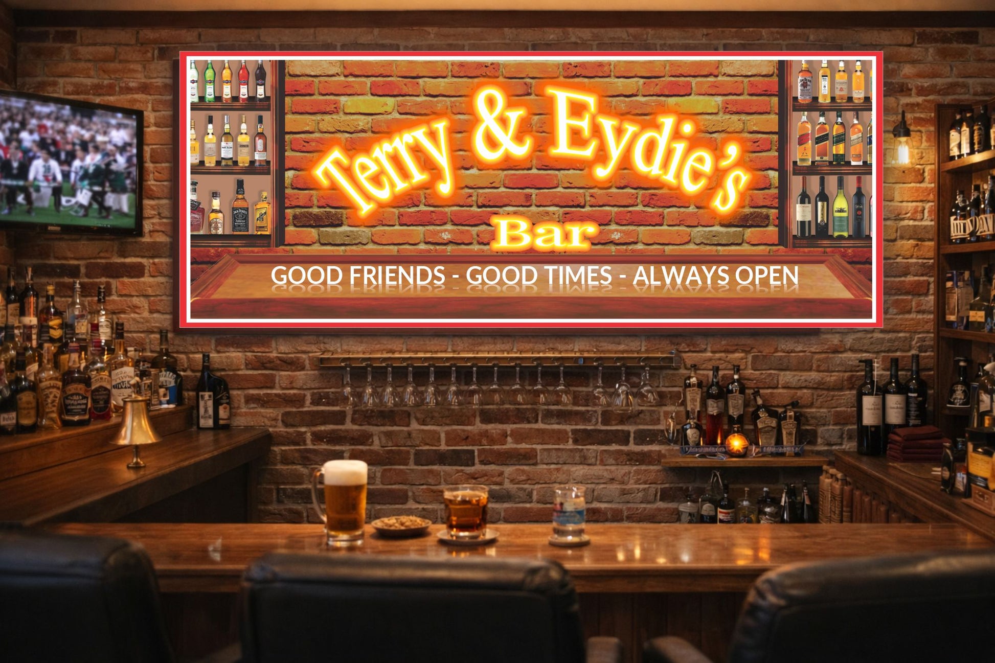 Personalized bar sign mounted above a brick bar with shelves of liquor bottles and bar seating