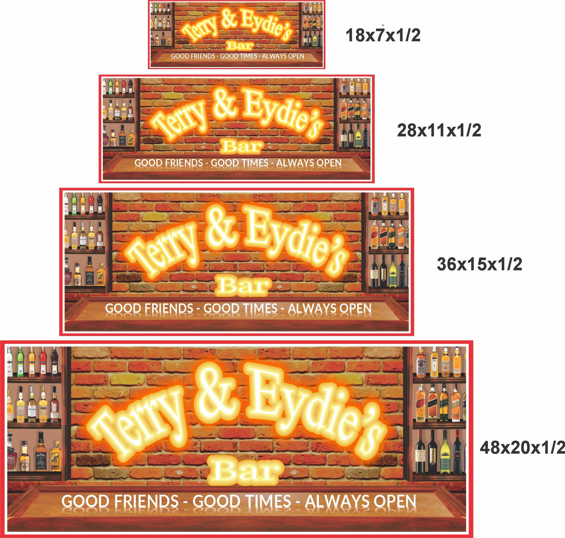 Home bar sign shown in 18x7, 28x11, 36x15, and 48x20 inch size options