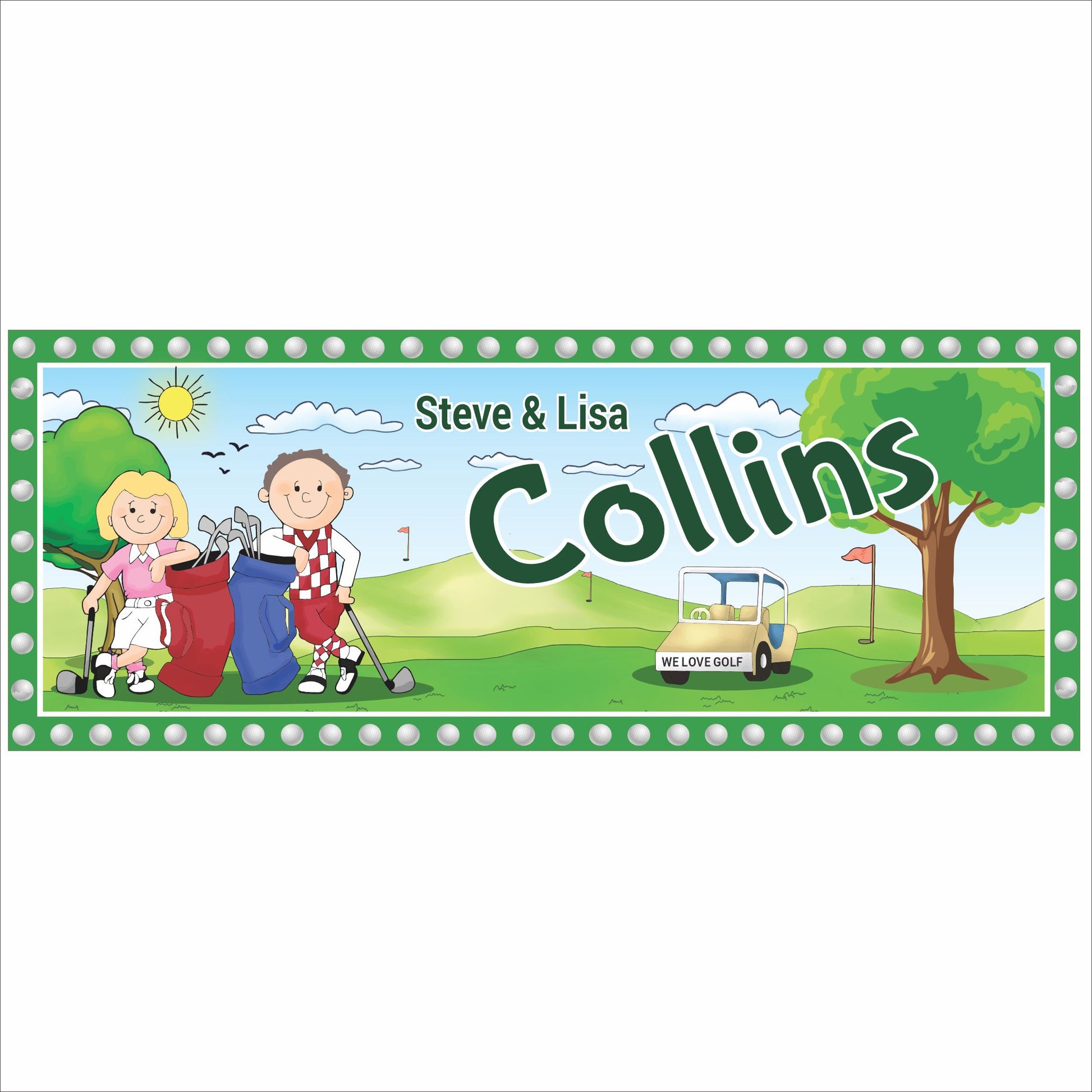 Personalized golf family sign with cartoon couple on a golf course and custom names displayed on white background