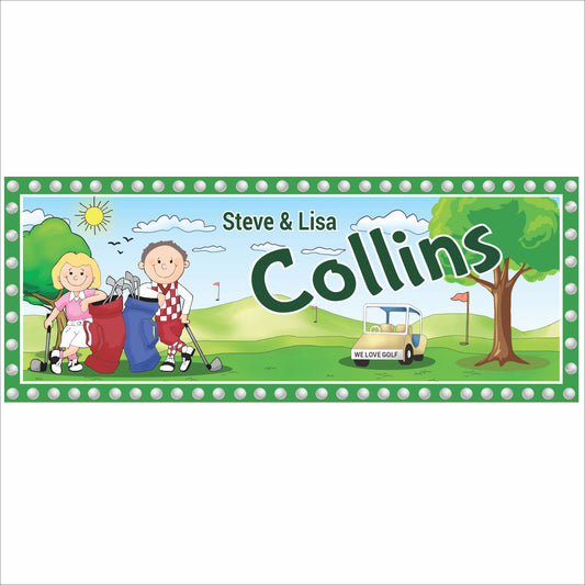 Personalized golf family sign with cartoon couple on a golf course and custom names displayed on white background