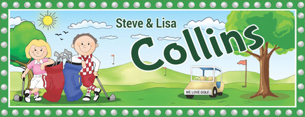 Personalized sign featuring a happy couple in golf attire, leaning against their golf bags next to a golf cart, with customizable text areas for names and messages. The setting is outdoors, possibly on a golf course, emphasizing a casual and sporty theme.