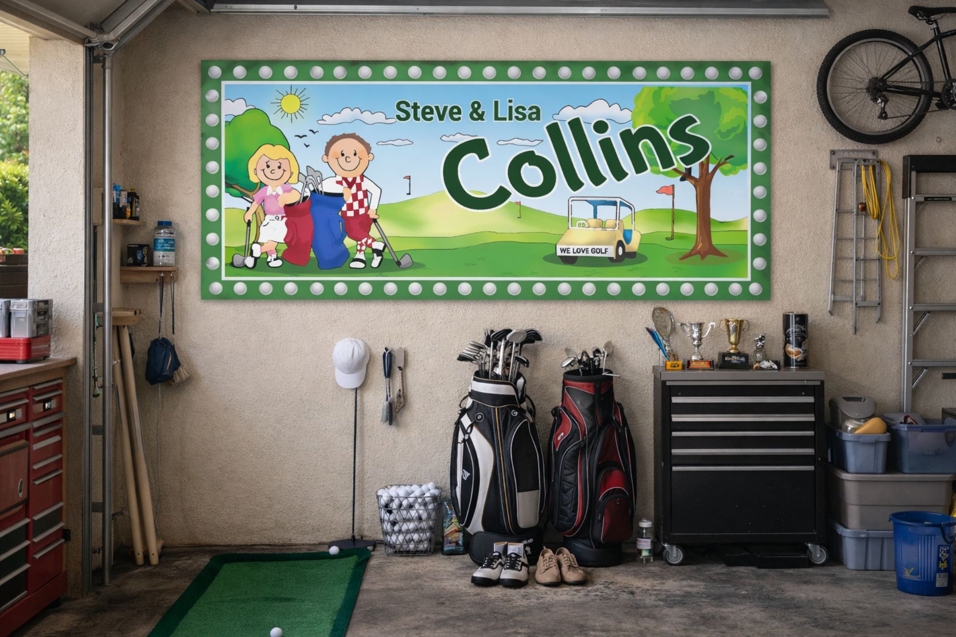 Custom golf couples sign mounted in a garage above golf bags, clubs, and trophies in a casual golf-themed space