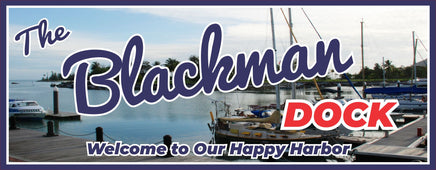 Personalized dock sign depicting a classic marina scene with a pier and rows of boats, set against a backdrop of a shoreline lined with tall palm trees. The sign features a custom name in red over the word 'Dock,' with an optional tagline beneath