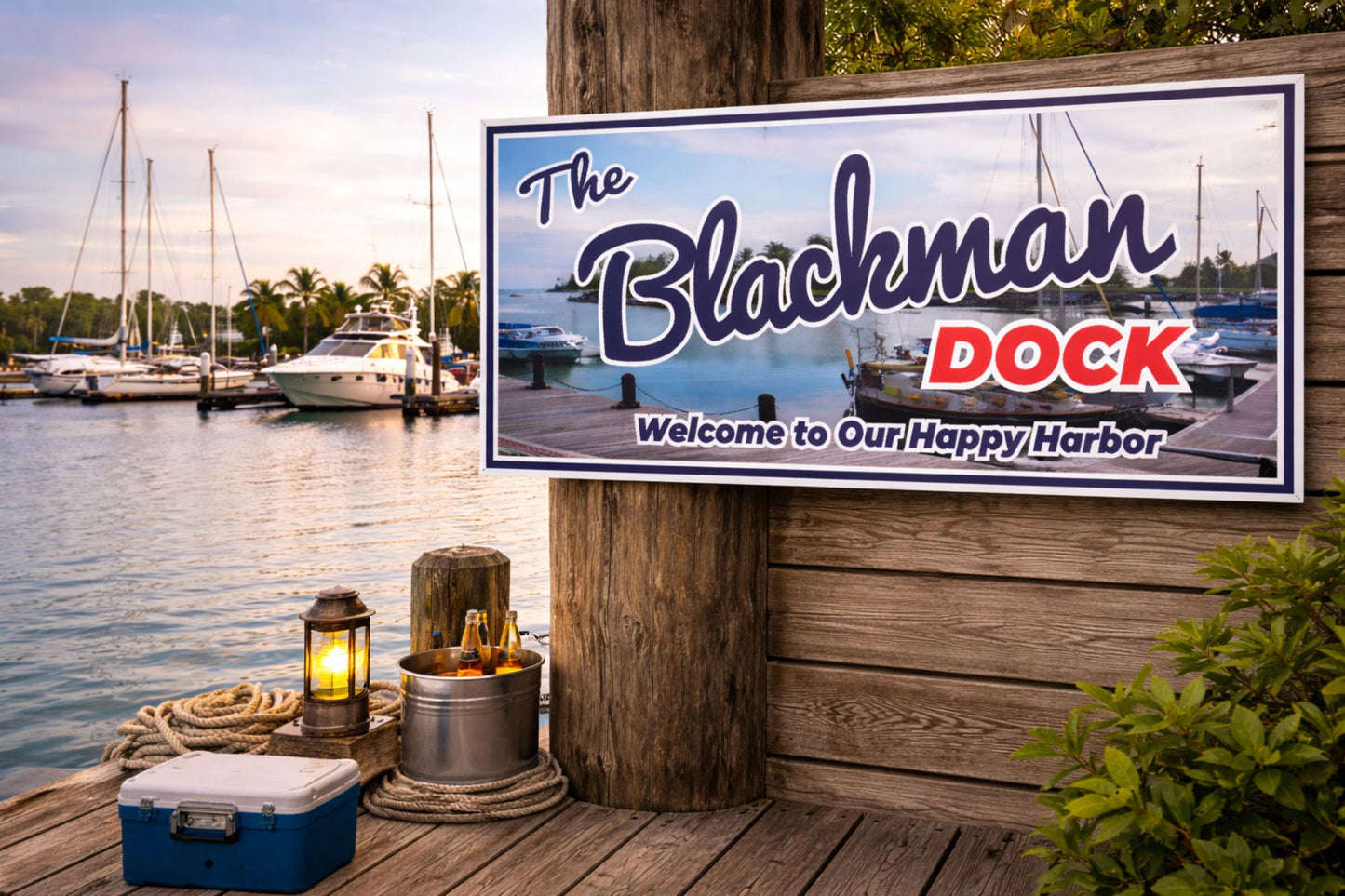 Custom marina wall sign shown on a lakeside dock at sunset