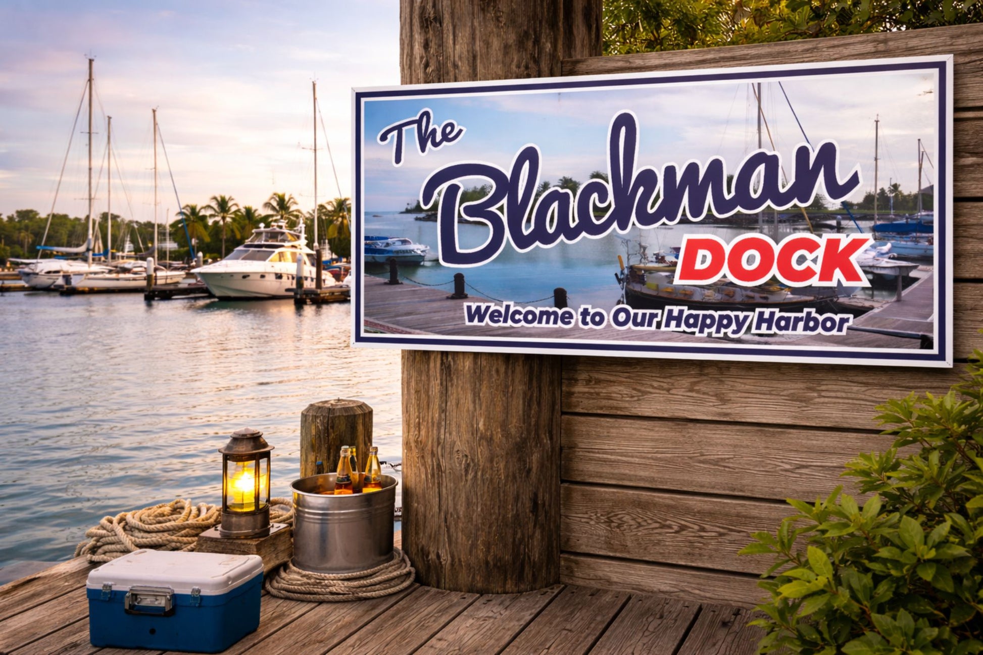 Custom marina wall sign shown on a lakeside dock at sunset