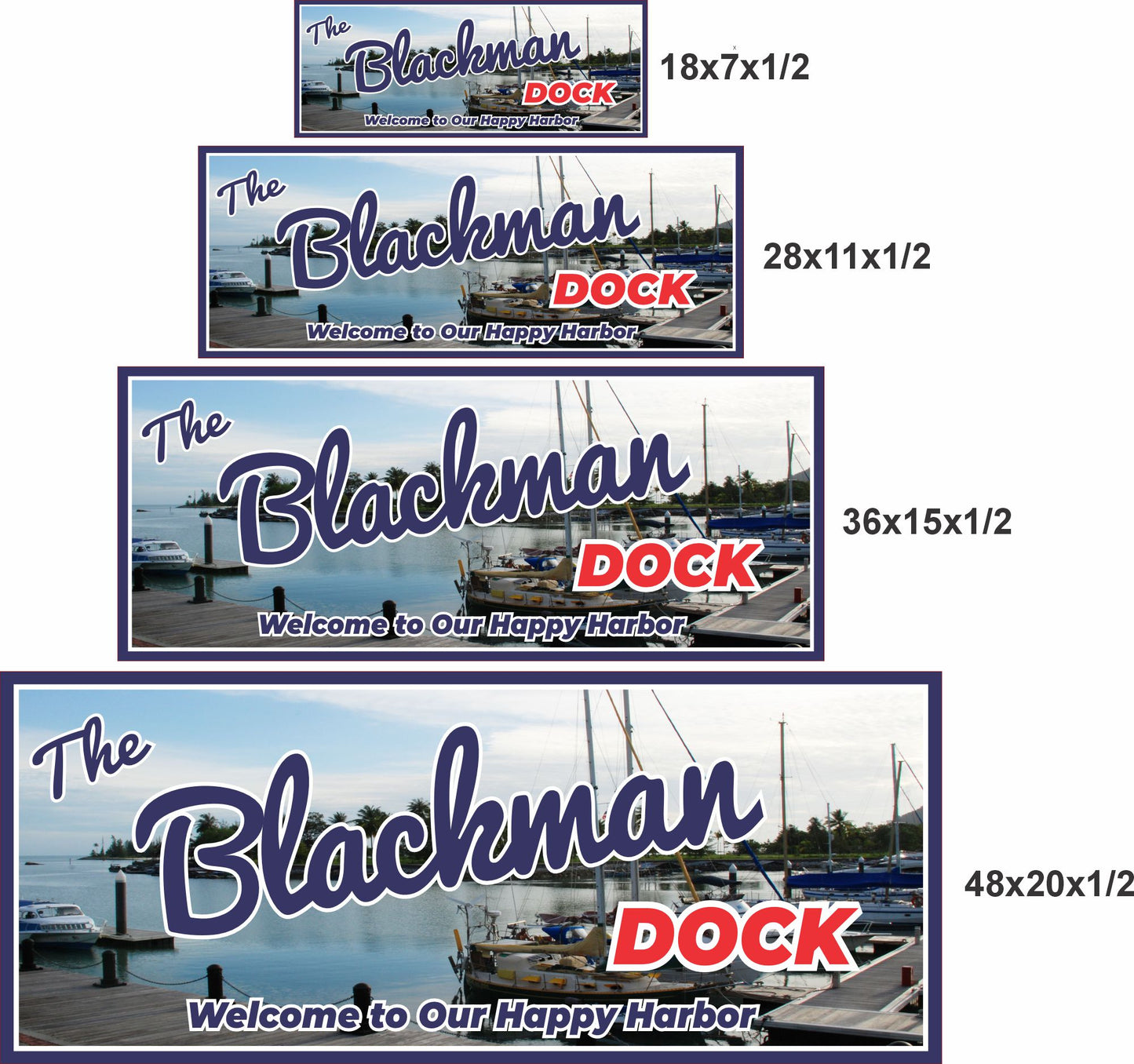Personalized dock sign shown in 18x7, 28x11, 36x15, and 48x20 size options